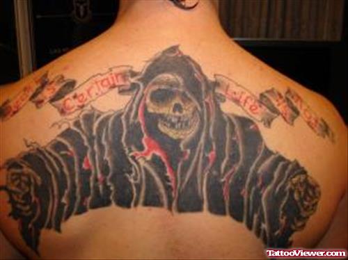 Grey Ink Grim Reaper Tattoo On Man Upperback