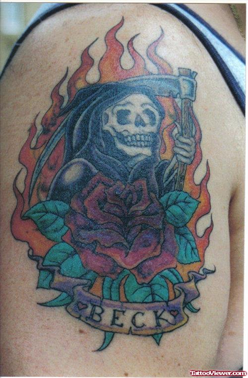 Flaming Grim Reaper Tattoo on Half Sleeve