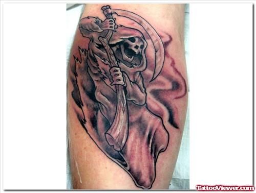 Dreadful Grey Ink Grim Reaper Tattoo On Arm