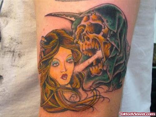 Color Ink Girl Head And Grim Reaper Tattoo On Bicep