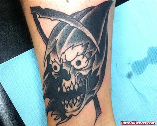 Black Ink Grim Reaper Tattoo On Sleeve
