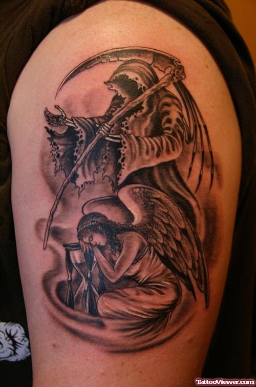 Best Grey Ink Grim Reaper Tattoo On Right Shoulder