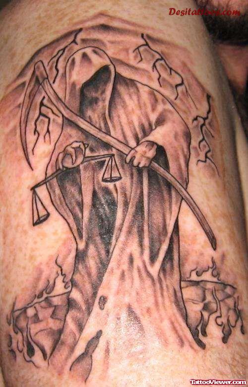 Awesome Grey Ink Grim Reaper Tattoo On Sleeve