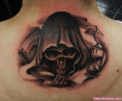 Awesome Grey Ink Grim Reaper Tattoo On Man Upperback