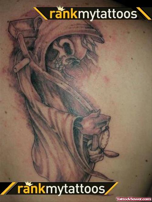 Awesome Grey Ink Grim Reaper Tattoo On Back