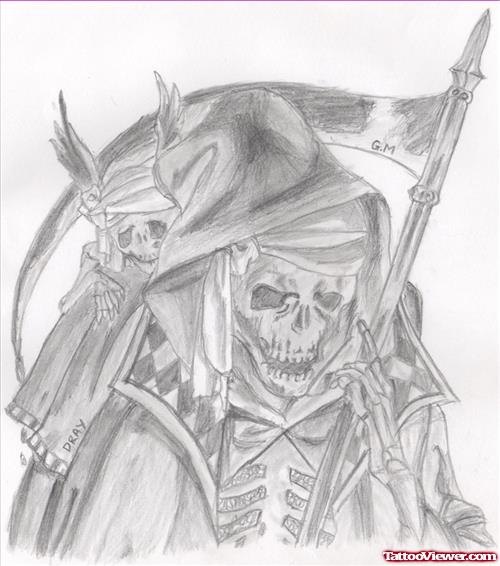 Awesome Grey Ink Grim Reaper Tattoo Design For Men