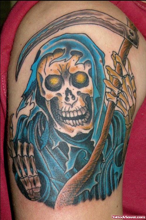 Awesome Blue Ink Grim Reaper Tattoo On Right Half Sleeve