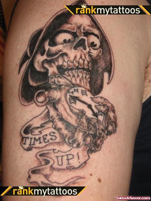 Attractive Grey Ink Grim Reaper Tattoo On Half Sleeve