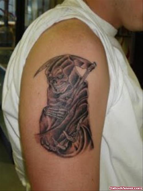 Amazing Grey Ink Grim Reaper Tattoo On Right Half Sleeve