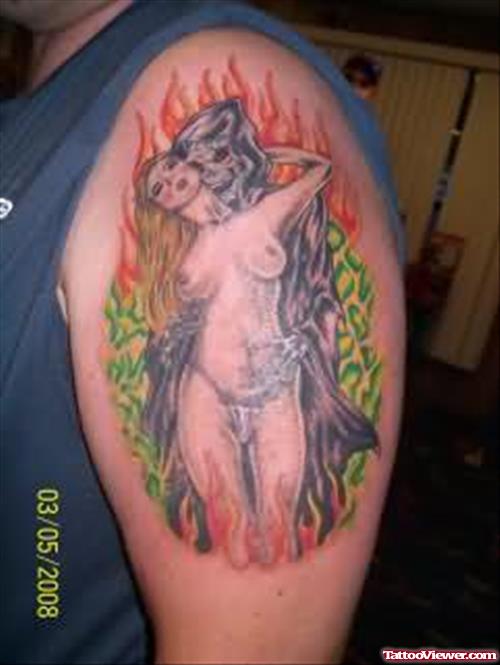 Grim Reaper Colourful Girl Tattoo On Shoulder