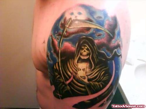 Grim Reaper Colourful Shoulder Tattoo
