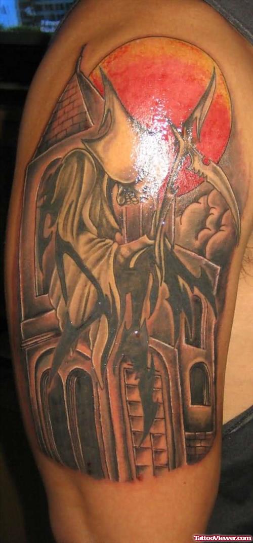 Grim Reaper Coloured Tattoo On Shoulder