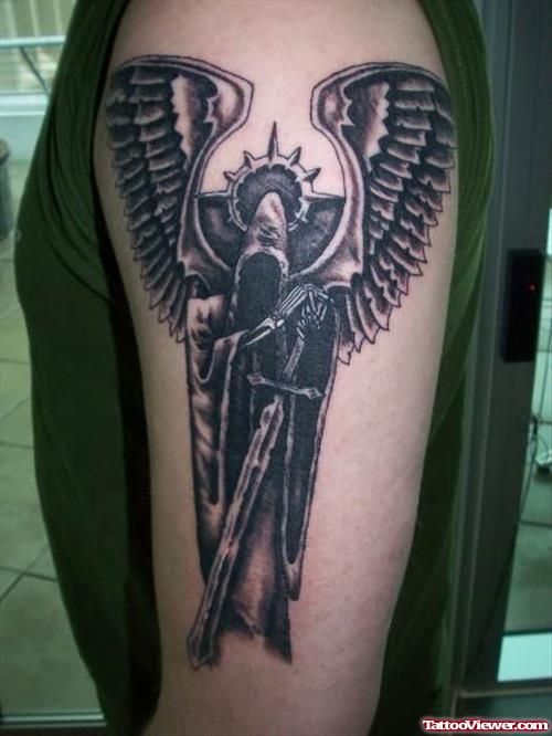 Winged Grim Reaper Tattoo On Shoulder