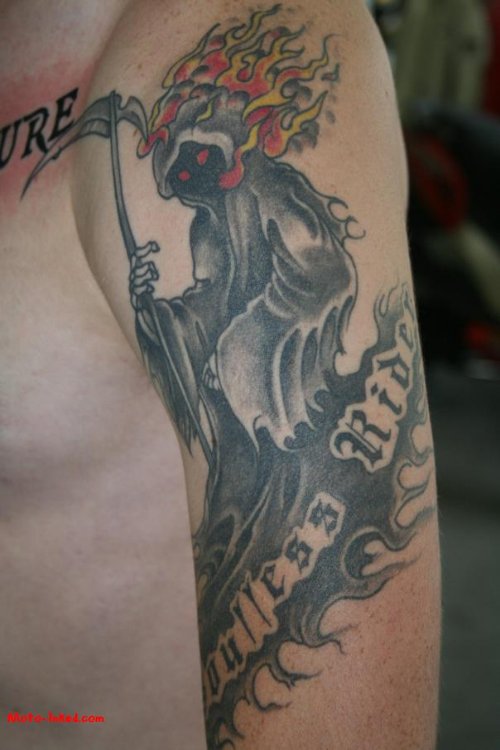 Black Ink Grim Reaper Tattoo On Man Left Sleeve