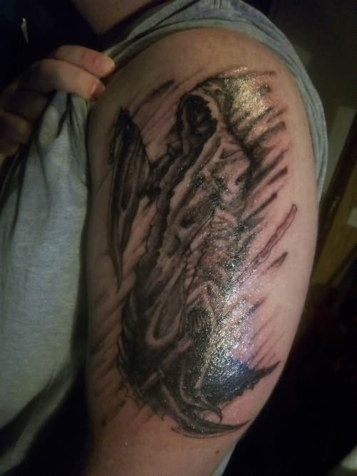 Beautiful Man Left Half Sleeve Grim Reaper Tattoo