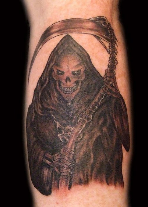 Inspiring Black Ink Grim Reaper Tattoo On Leg