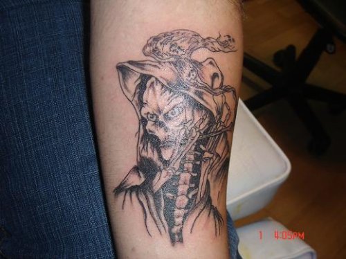 Fine Grey Ink Grim Reaper Tattoo On Sleeve
