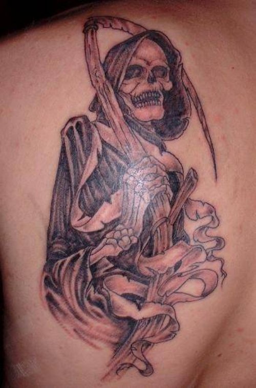 Amazing Grey Ink Grim Reaper Tattoo On Back Shoulder