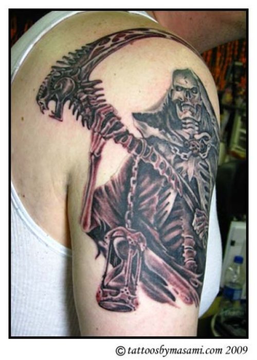 Awesome Grim Reaper Tattoo On Right Half Sleeve