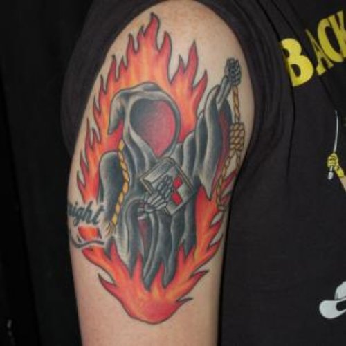 Colored Flaming Grim Reaper Tattoo On Half Sleeve