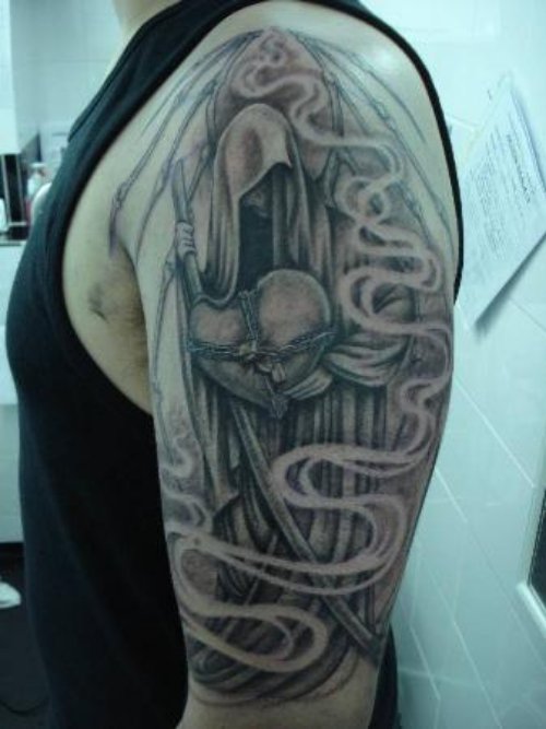 Awesome Grey Ink Grim Reaper Tattoo On Man Left Sleeve