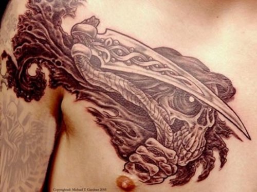 Grey Ink Biomechanical Grim Reaper Tattoo On Chest