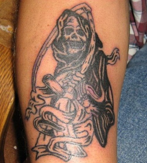 Great Black Ink Grim Reaper Tattoo On Leg