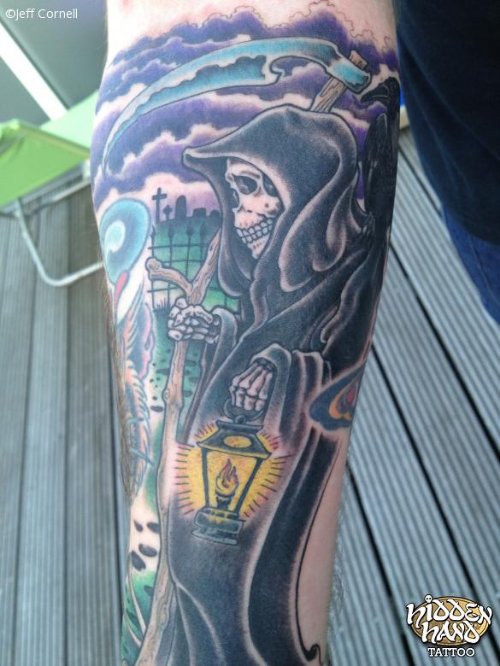 Dark Ink Grim Reaper Tattoo On Right Arm