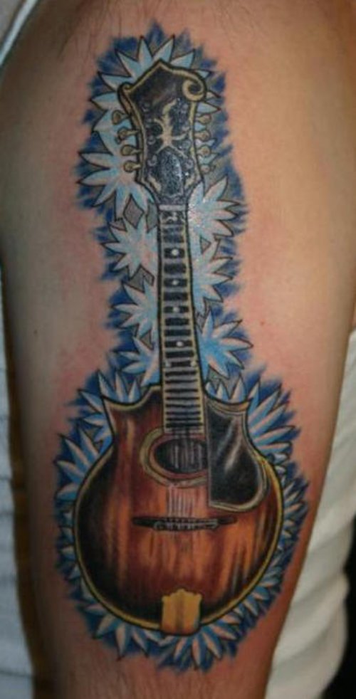 Flowers Guitar Tattoo On Man Half Sleeve