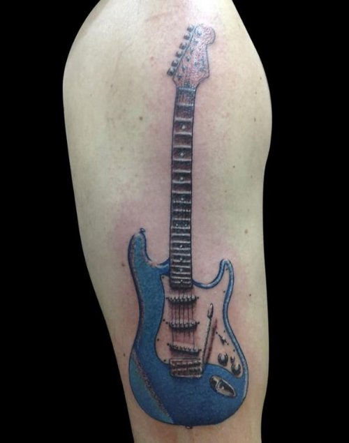 Blue Ink Guitar Tattoo On Half Sleeve