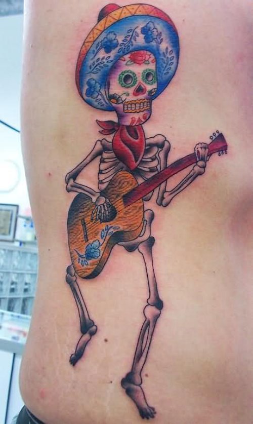 Colored Skeleton Guitar Tattoo On Man Side Rib