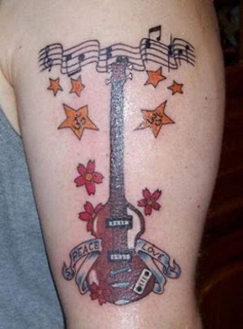 Music Notes and Guitar Tattoo On Half Sleeve