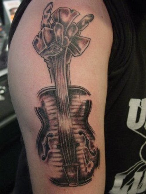 Grey Ink Guitar Tattoo On Man Right Sleeve