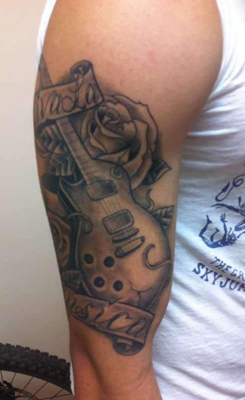 Grey Ink Banner And Guitar Tattoo On Man Right Sleeve