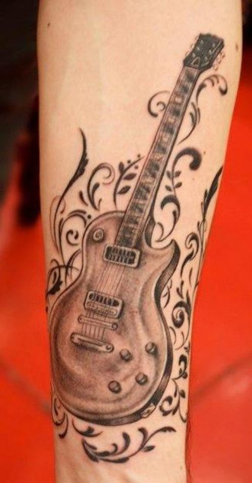 Grey Ink Guitar Tattoo On Left Sleeve