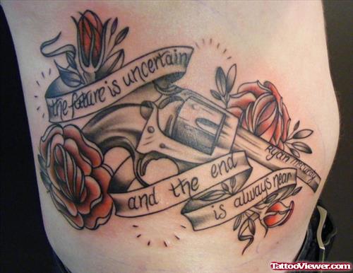 Red Flowers And Gun Tattoo