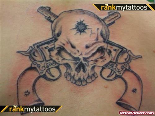 Grey Ink Skulls And Gun Tattoos