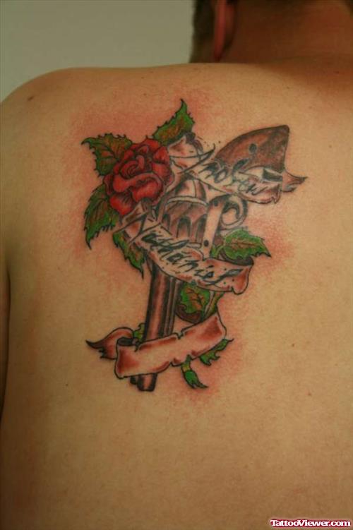 Red Rose And Gun With Banner Tattoo