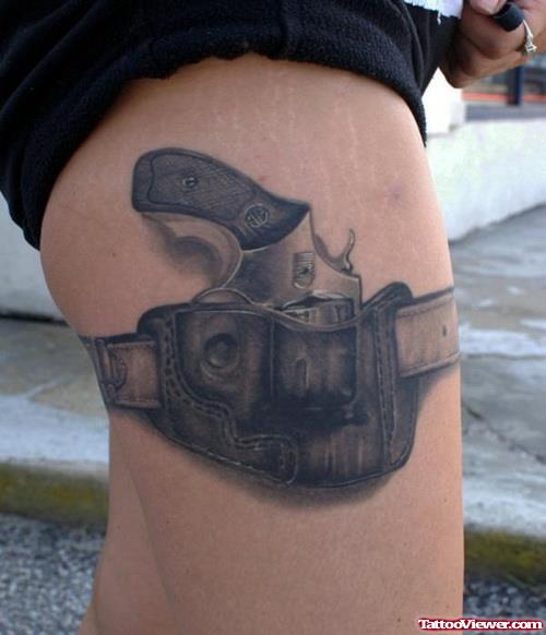 Grey Ink Gun Tattoo On Right Thigh