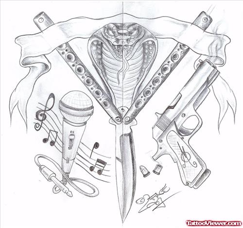 Gang Knife And Gun Tattoos Designs