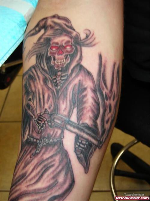 Grim Reaper And Gun Tattoo On Right Arm