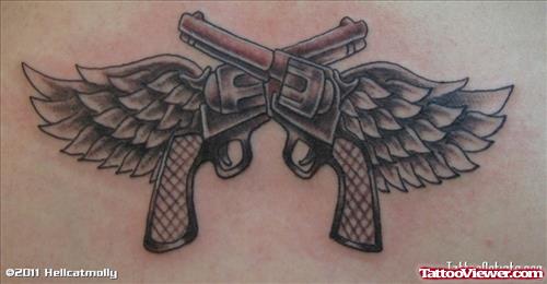 Grey Ink Wings Gun Tattoos On Back