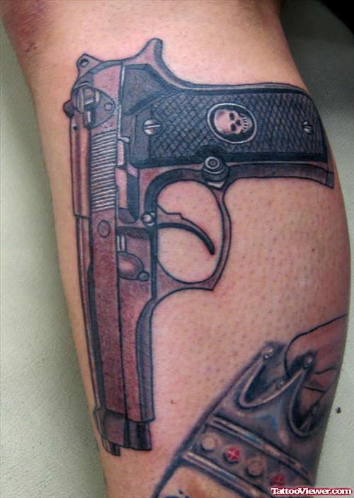 Amazing Gun Tattoo On Leg