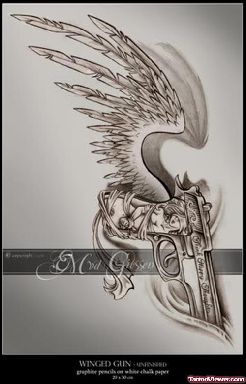Winged Gun Tattoo Design