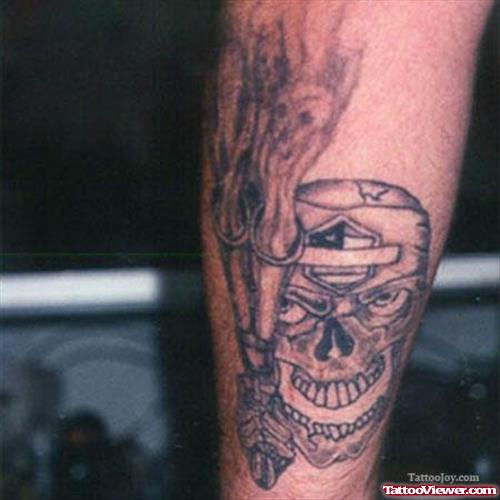 Skull With Flaming Gun Tattoo On Sleeve