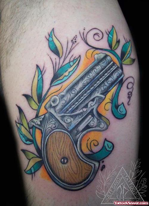 Old School Gun Tattoo On Leg