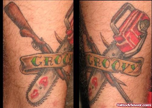 Groovy Banner And Gun Tattoo