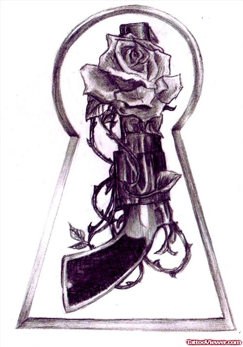 Grey Rose And Gun Tattoo Design