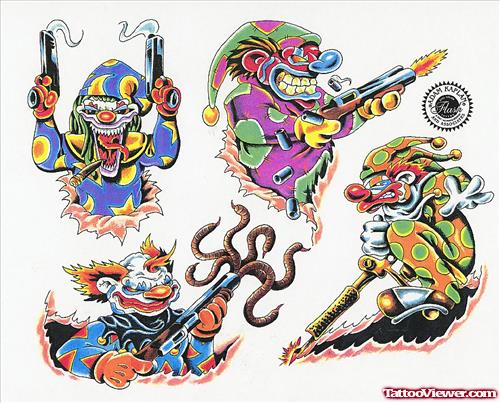 Colored Jokers With Gun Tattoos Designs