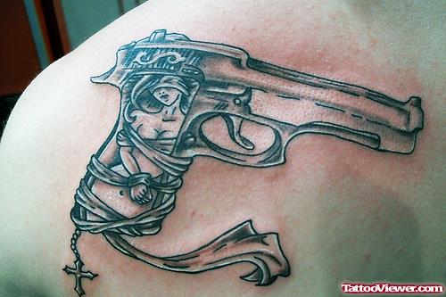 Rosary Gun Tattoo On Right Shoulder